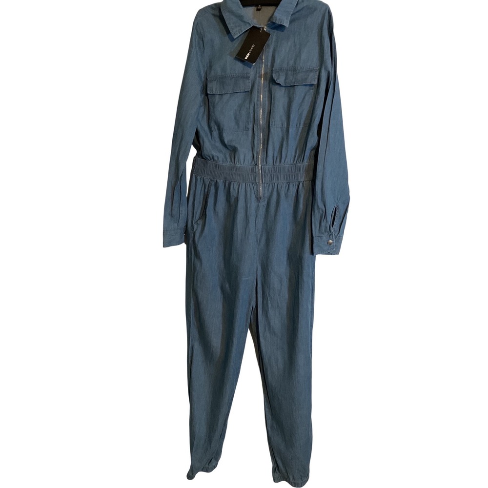 Fashion Nova Janice Chambray Jumpsuit Medium Wash Size M Utility Cargo‎ Zip Up